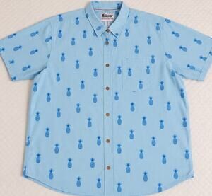 Plugg Pineapple Print Button Front Shirt Mens Large Blue Hawaiian Tropical